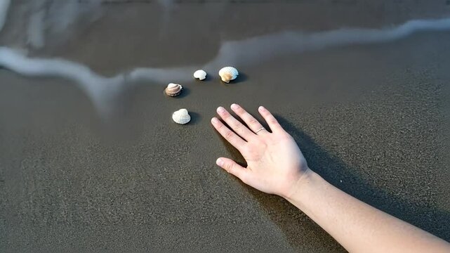 Hand with clams on the beach.