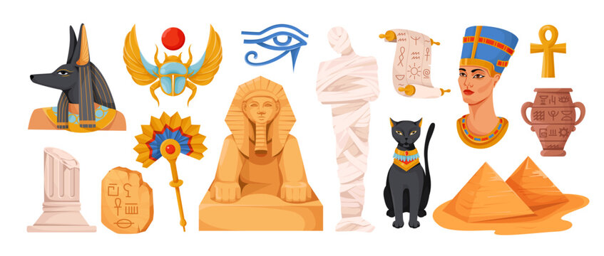Collection of ancient Egypt culture and mythology elements, flat cartoon style on white background. Concept of historical Egyptian heritage. Vector illustration