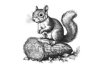 Hand-drawn Nature Illustration, Vintage Squirrel Engraving, Rustic Forest Animal Print, Monochrome Wildlife Line Art, Old Engraving Style, Black Sketch, Cabin Wall Art