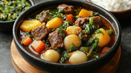 Beef stew with potatoes, and vegetables.