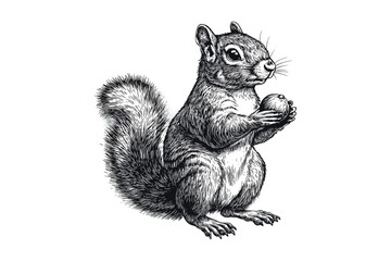 Monochrome engraving of squirrel with nut, vintage forest animal illustration, hand-drawn wildlife art, trendy old etching style, autumn nature decor, rustic woodland sketch