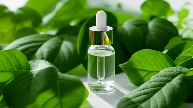 Natural skincare essence in transparent glass dropper bottle with fresh Centella Asiatica leaves on white background