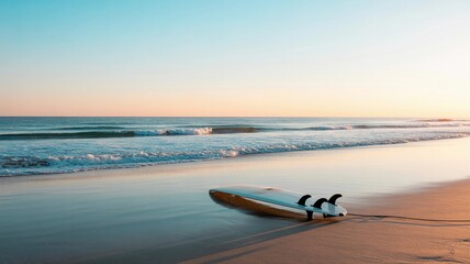 Surfboard on Sandy Beach with Ocean Waves and Sunshine