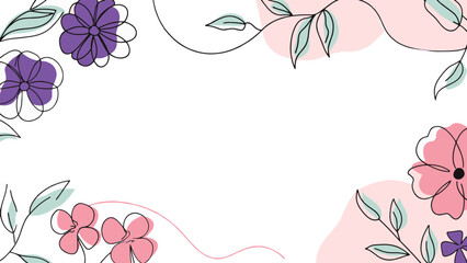 Minimalist floral design with soft pastel flowers, leaves, and thin lines on a white background.  The colors and style create a gentle and springtime atmosphere.