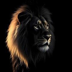 Naklejka premium A majestic lion is depicted with dramatic lighting highlighting its mane against a dark background. The play of light and shadow emphasizes its regal and powerful presence.