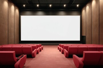 Fototapeta premium A modern, empty movie theater with red seats and a large blank screen ready for a film projection.