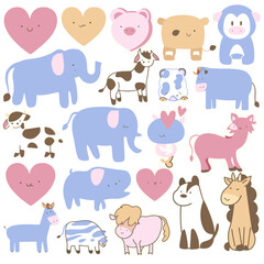 Obraz premium Adorable Animal Wonderland: A captivating composition of various animal illustrations, each one exuding charm and warmth alongside endearing heart-shaped companions.