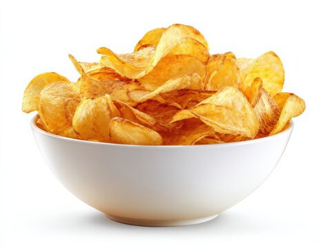 Crispy potato chips in a white bowl. A delicious and satisfying snack. - Powered by Adobe