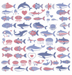 Fototapeta premium Ocean Life Collection: A delightful array of stylized fish, whales, and jellyfish in calming pastel hues, perfect for adding a touch of whimsical ocean charm to any project. 