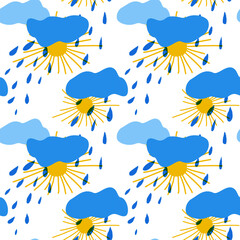 Seamless pattern of yellow sun and clouds of different shades of blue with raindrops in children's style hand drawn for posters, cards, stickers. Seamless pattern on pastel soft blue background