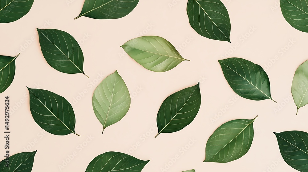 Poster green leaves are evenly arranged on a light beige background, creating a simple and natural pattern.