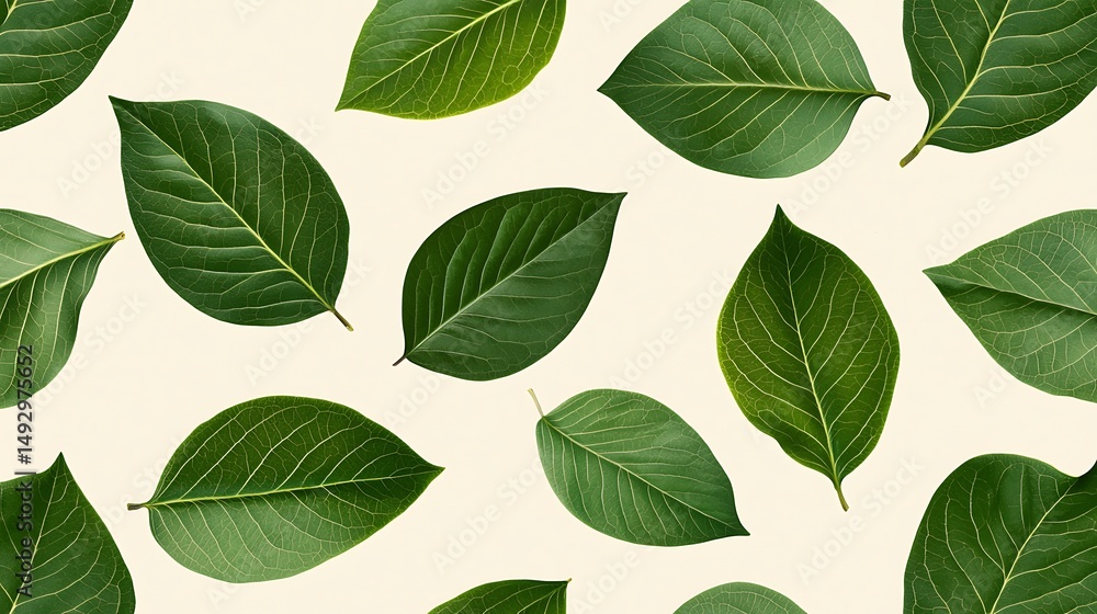 Aufkleber multiple green leaves are arranged in a scattered pattern on a light background.