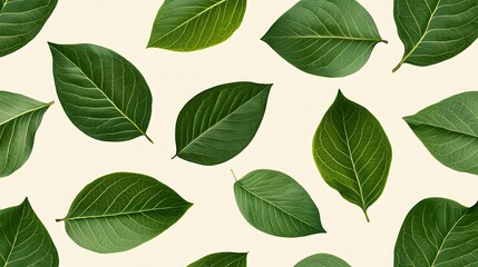 Naklejka premium Multiple green leaves are arranged in a scattered pattern on a light background.