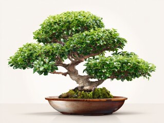 Lush green bonsai tree in a rustic brown pot against a bright white background. Tranquility and serenity.