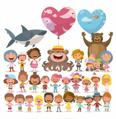 Friendship and joy in heart shape: A scene of unity and friendship unfolds, showcasing children with balloons and animals. Each element, from the cheerful expressions to the heart-shaped balloons.