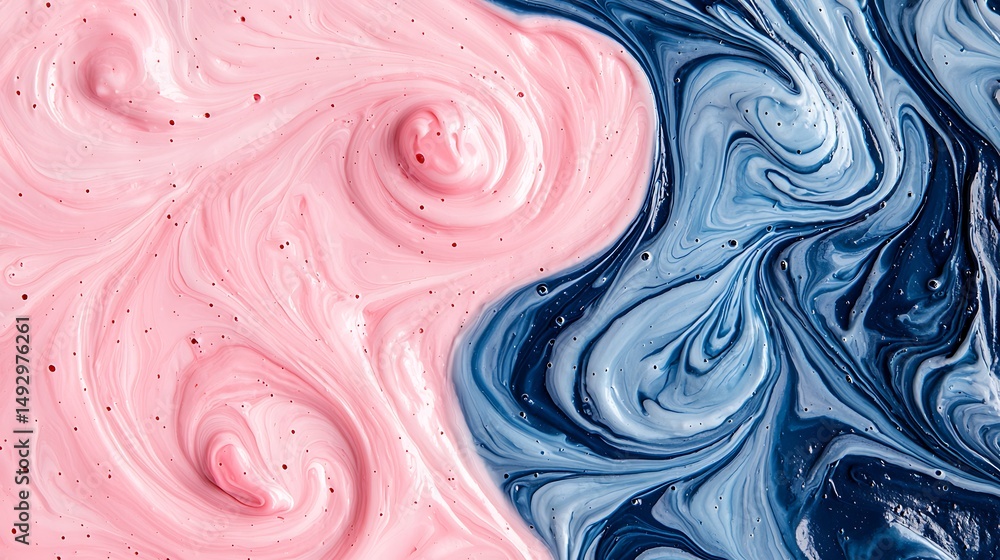 Poster abstract swirls of pink and blue paint flow together, creating a marbled, fluid art pattern with dyn