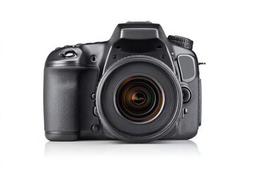 Fototapeta premium Close-up of a professional DSLR camera, showcasing its sleek black design and intricate details. Perfect for photography enthusiasts.