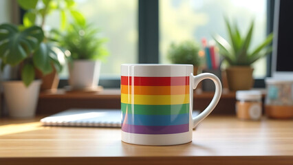 White mug with rainbow stripes on a wooden desk, surrounded by potted plants and office supplies in the background new adistion.