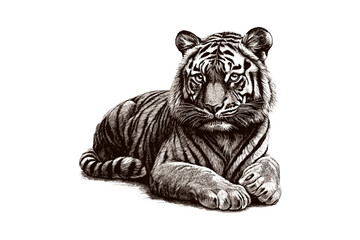 Vintage Wildlife Etching, Tiger Lying Down Illustration, Monochrome Safari Animal Sketch, Rustic Nature Drawing, Detailed Animal Print, Old Engraving Style, Exotic Animal Wall Art