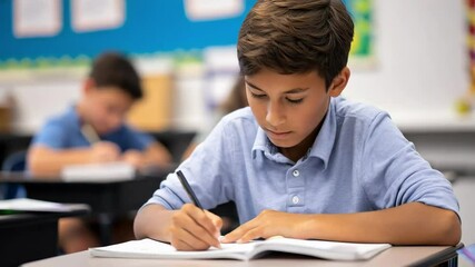 Focused young student writing in classroom to finish homework successfully - Powered by Adobe