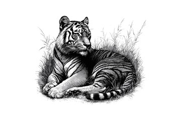 Tiger Lying in Grass Engraving, Vintage Fauna Etching, Black Sketch, Monochrome Wild Cat Line Art, Hand-drawn Safari Illustration, Classic Animal Print, Natural Habitat Art