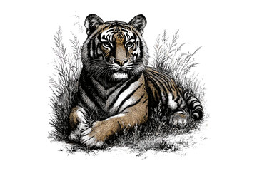 Hand-drawn Tiger Illustration, Vintage Engraving Style, Safari Animal Sketch, Monochrome Wild Cat Print, Nature Decor, Wildlife Art, Old Fauna Etching, Rustic Wall Art