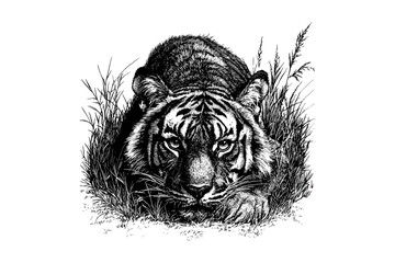 Tiger in Grass Vintage Engraving, Black Sketch, Hand-drawn Safari Animal, Monochrome Wild Cat Line Art, Old Style Fauna Etching, Rustic Nature Print, Wildlife Wall Decor