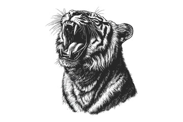 Vintage Wild Cat Line Art, Hand-drawn Safari Print, Rustic Wildlife Etching, Detailed Fauna Illustration, Engraving of Tiger Roaring, Monochrome Animal Sketch