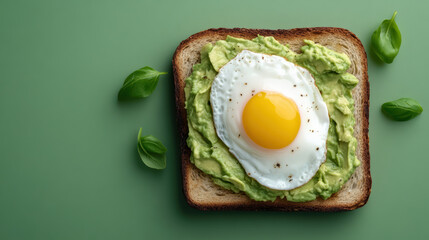 Creamy avocado spread on toasted bread topped with sunny side up egg, garnished with basil