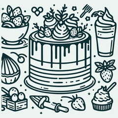 Minimalist Line Art Illustration of a Layered Cake with a Candle on Top. Food Icon Concept