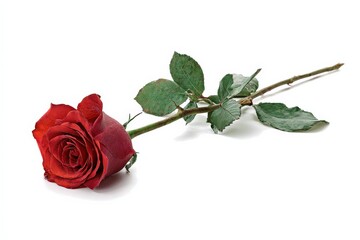 Single red rose lying on a white background.  A romantic and elegant image.