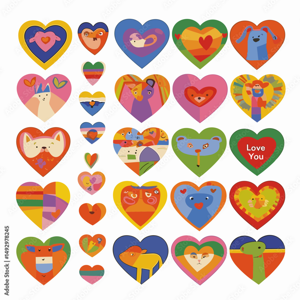 Poster heartfelt harmony: a vibrant array of creatively designed hearts, each one a unique masterpiece fill