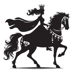 silhouette of a princess riding a horse, editable vector image