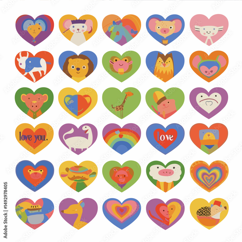 Poster heart-shaped animal charms: an imaginative array of whimsical animal character charms, each nestled 