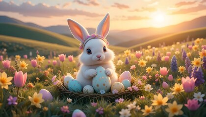 Floral bunny nest eggs dreamy meadow
