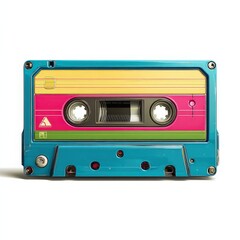Fototapeta premium Retro teal audio cassette tape with vibrant pink, yellow, and green accents. A nostalgic blast from the past!