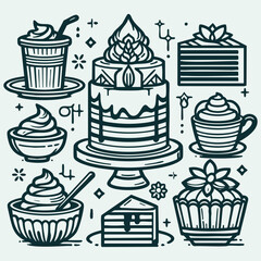 Minimalist Line Art Illustration of a Layered Cake with a Candle on Top. Food Icon Concept