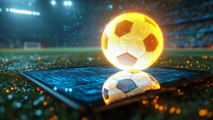 Futuristic glowing soccer ball emerging from digital tablet on stadium field, seamless video loop with center copy space for online betting platforms, sports tech promotions, and fantasy football apps - Powered by Adobe