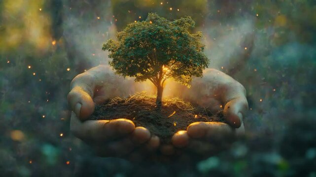 Close-up hands holding glowing tree in soil, eco lifestyle visual loop with warm earthy tones, left copy space for environmental campaigns, sustainability promos, or Earth Day video backgrounds