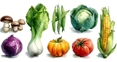  watercolor  illustrations, vegetable collection on a transparent background