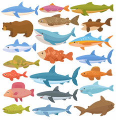 Obraz premium Aquatic Variety: A vibrant collection of diverse marine species, showcasing the rich tapestry of underwater life, and a friendly bear adding a touch of wildlife variety.