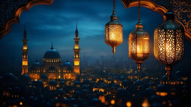 Grand mosque illuminated at night with hanging lanterns and glowing skyline, cinematic video in deep blue and golden tones with right copy space, ideal for Ramadan visuals, religious education, or Isl