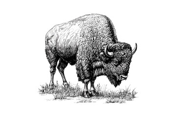 Wild Bison Grazing Engraving, Hand-drawn Mammal Monochrome, Rustic Nature Illustration, Retro Animal Art Print, Vintage Sketch, Old Engraving Style, Farm Wildlife Decor