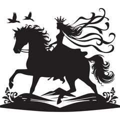 silhouette of a princess riding a horse, editable vector image