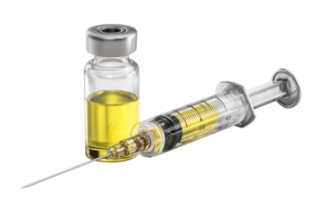 A set of morphia ampoules and syringes with stainless steel needles in realistic 3D render isolated on a transparent background