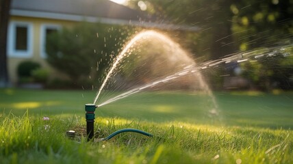 Garden Sprinkler Watering Lawn in Summer Heat