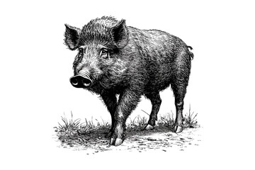 Vintage Wild Boar Engraving Sniffing Ground, Antique Forest Animal Illustration, Hand-drawn Monochrome Wildlife Etching, Retro Nature Style Mammal Sketch, rustic art