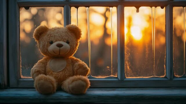 Teddy bear sitting on windowsill at golden hour with warm nostalgic sunlight, sentimental video loop for childhood memories, family themes and emotional branding, with copy space on the right, cinemat