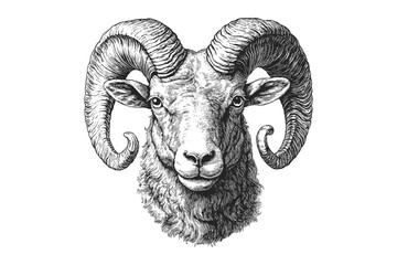 Hand-drawn Wild Sheep with Curled Horns, Vintage Mountain Mammal Etching, Monochrome Animal Print, Wilderness Wall Decor, Rustic Illustration, Black Sketch, Nature Artwork
