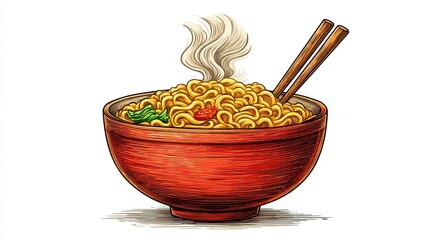 Steaming Bowl of Noodles with Chopsticks Pixel Art Illustration
